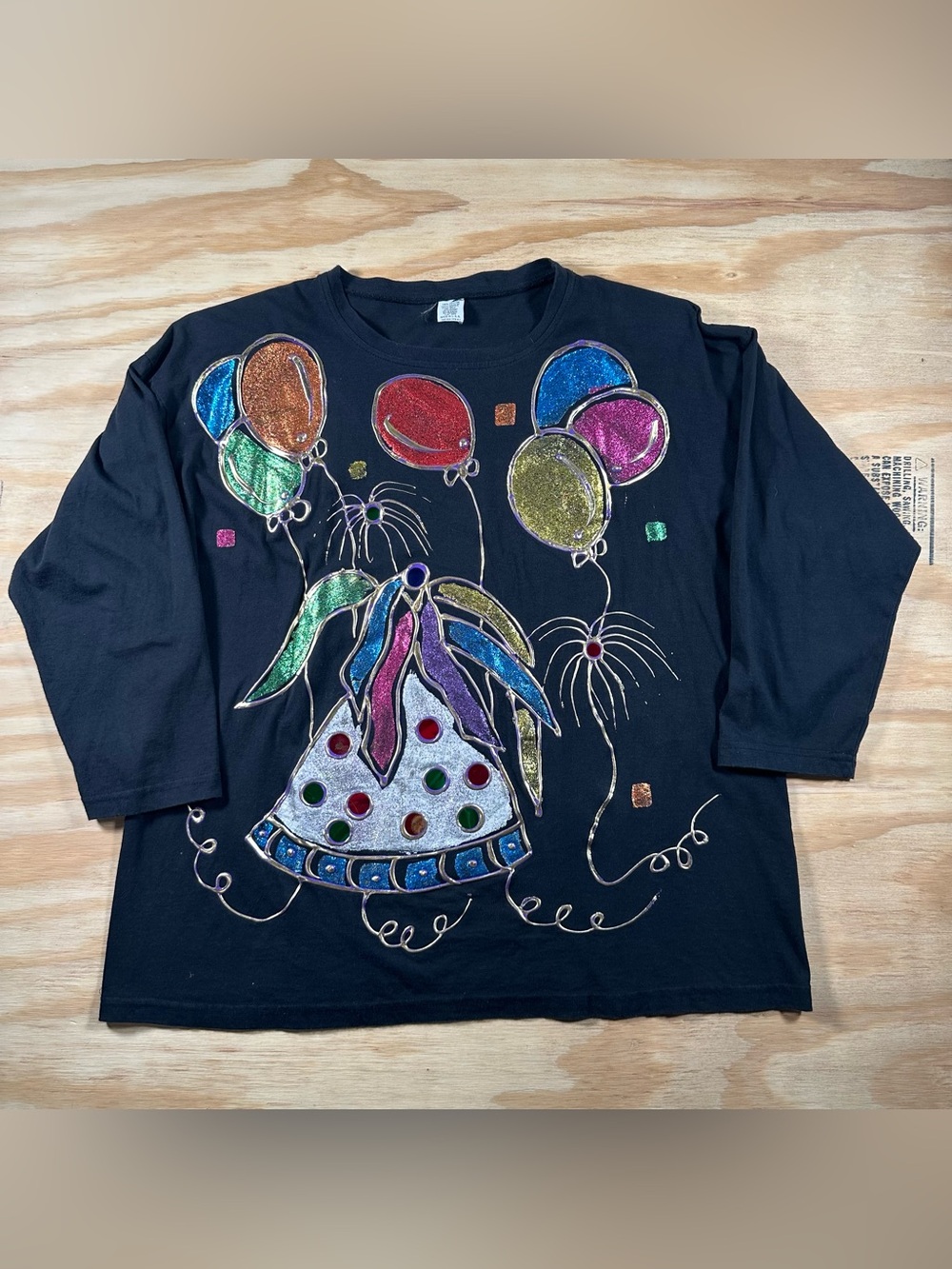 Black Long Sleeve Party Graphic Tee with Colorful Balloon Accents